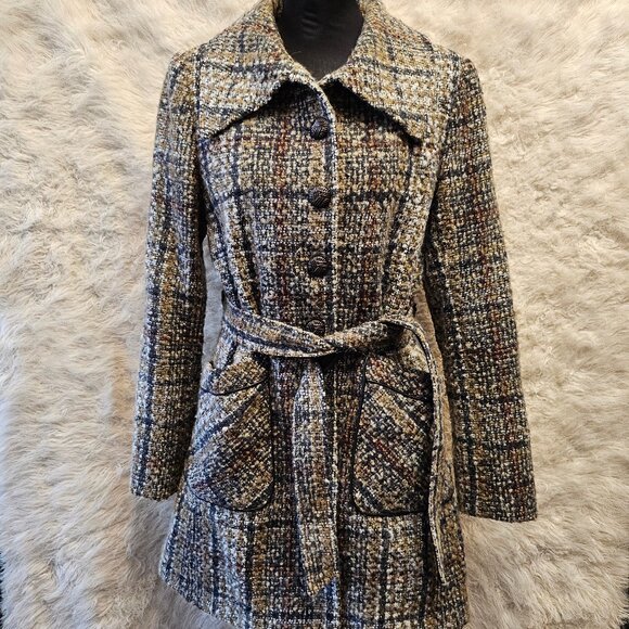 DKNY Women's Brown Tweed Plaid Wool Blend Belted Coat Size 10 - Picture 1 of 12
